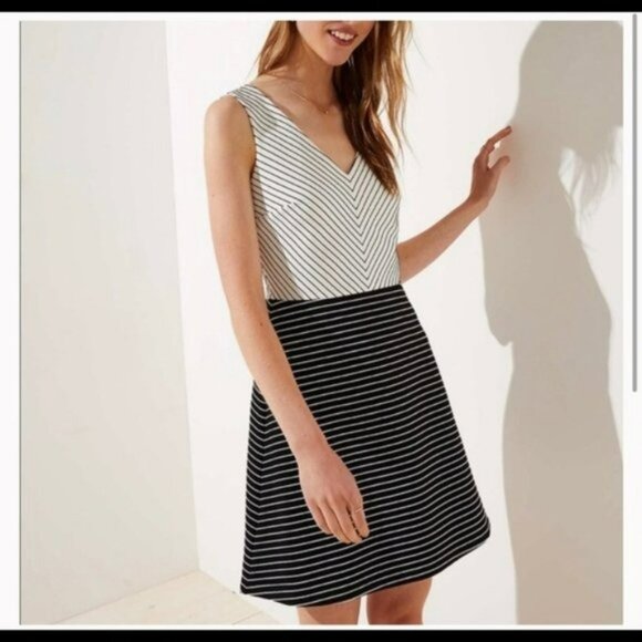 AT LOFT Black White Color Block Contrast Chevron Stripe Fit & Flare Mini Dress 4 - Picture 1 of 12